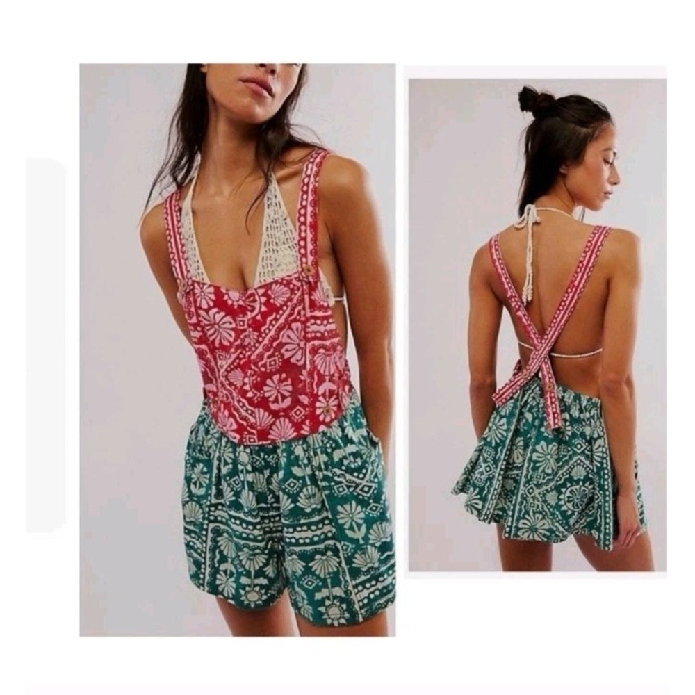 Free People Red and Green Printed Smocked Romper